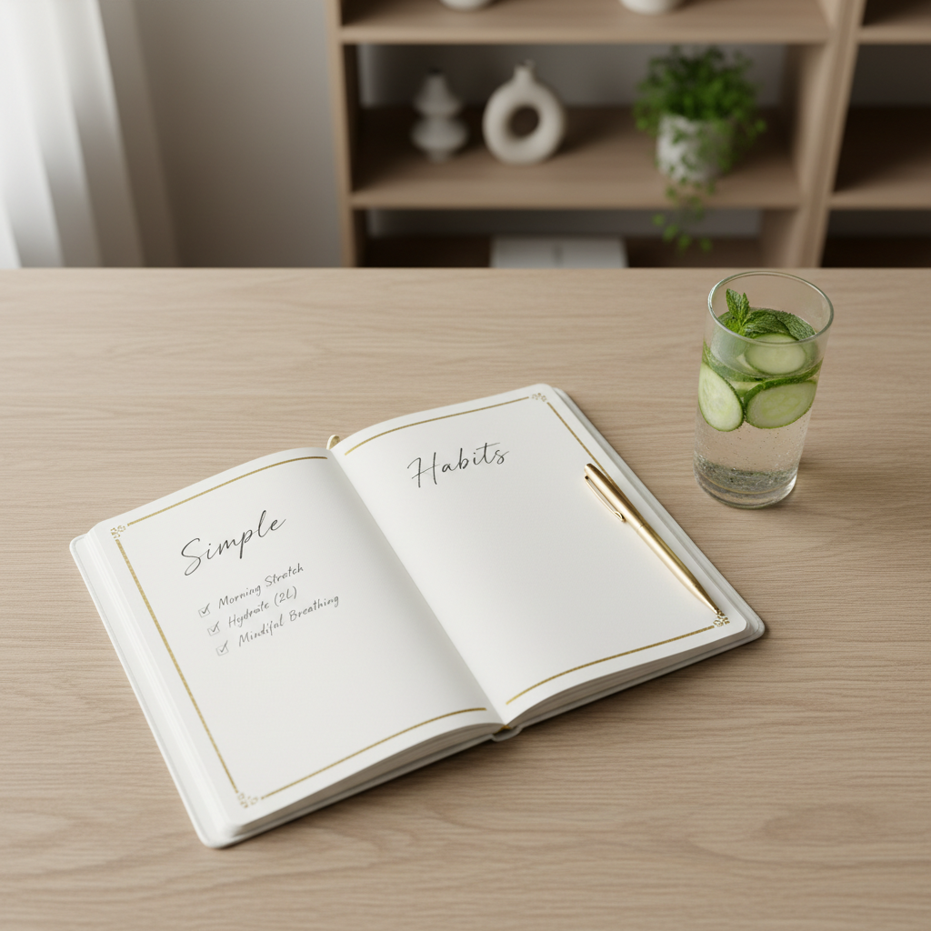An elegant, minimalist desktop dedicated to health planning: a smooth white notebook open to a page titled “Simple Habits,” with neat handwritten checkboxes and small golden accents on the page edges. Beside it, a slim golden pen rests diagonally, and a sleek glass of infused water with cucumber and mint sits nearby, droplets forming on the outside. The desk surface is a light, matte wood, with a blurred background of neutral-toned shelves and a single potted plant. Soft, diffused daylight from a nearby window creates an even, gentle glow, reducing harsh shadows. Photographic realism, overhead shot with balanced composition, conveying clarity, organization, and a professional yet approachable approach to wellness.