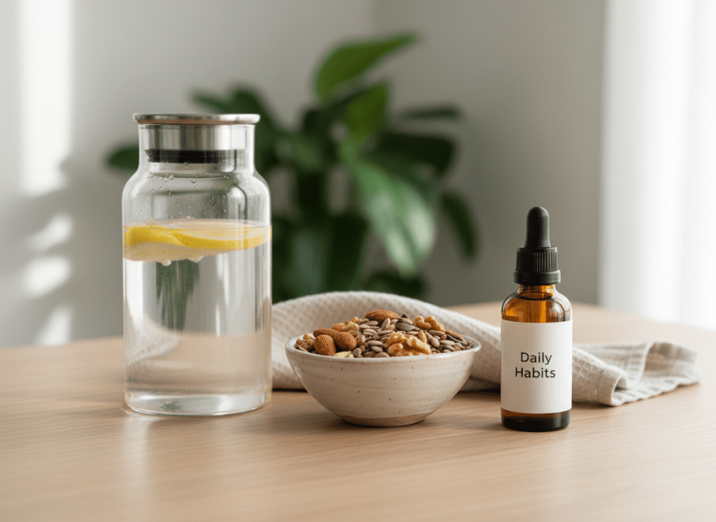 A neatly arranged still life of holistic wellness essentials on a pale oak tabletop: a transparent glass water carafe with lemon slices floating inside, a small ceramic bowl overflowing with vibrant mixed nuts and seeds, a folded textured oatmeal-colored towel, and an amber glass dropper bottle labeled “Daily Habits.” In the background, a blurred hint of indoor greenery softens the scene. Soft morning sunlight streams in from the left, creating gentle highlights on the glass and subtle shadows under each object. Photographic realism with a clean, modern aesthetic, shot at eye level using the rule of thirds and a shallow depth of field, evoking a calm, professional, and achievable sense of everyday health.